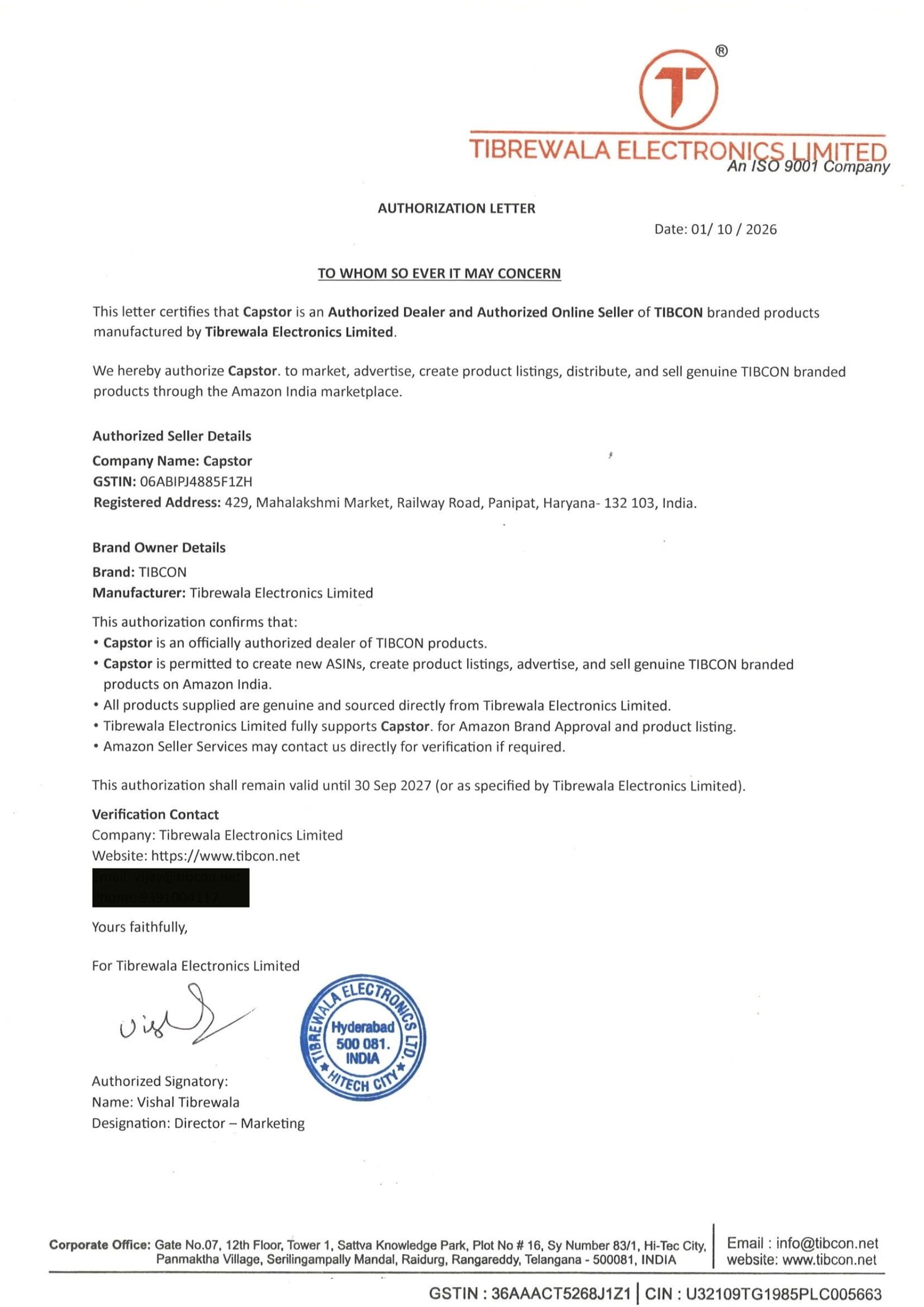 TIBCON Authorisation Certificate for Capstor